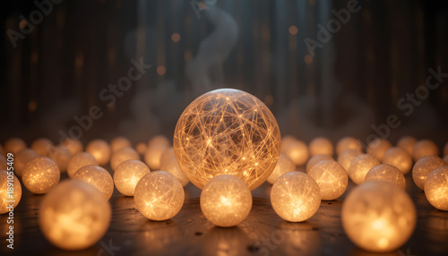 Glowing orbs illuminate dark space with warm light