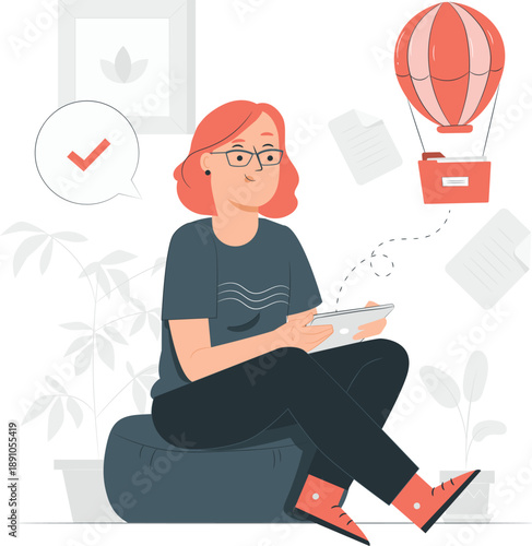 Woman relaxing on a bean bag chair with a tablet, surrounded by plants and a hot air balloon illustration