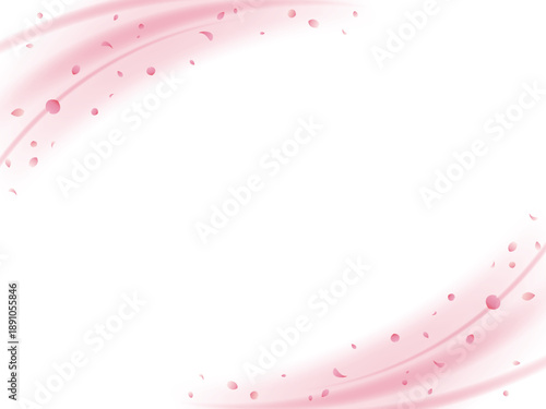 左上と右下の柔らかなウェーブと桜吹雪のフレーム背景イラスト（ピンク）