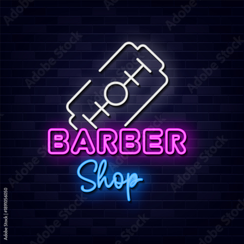 Barber Shop Text Vector, Neon Sign Symbol, Light banner, Light art.