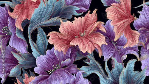 Vibrant floral pattern with purple, pink flowers and blue leaves on black background