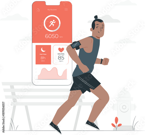 Man running outdoors with fitness tracker and mobile app display