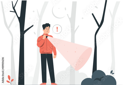 Man shouting through megaphone in forest, illustration of vocal protest, environmental activism from ground level viewpoint