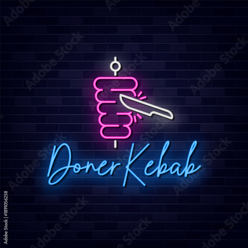 Doner kebab Vector, Neon Sign Symbol, Light banner, Light art.