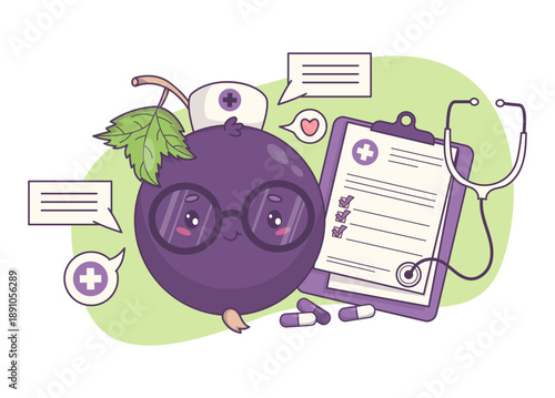 Doctor Blackcurrant with Stethoscope, Prescription, and Vitamins Pill. Cute Kawaii Berry Currant Mascot Medical Character. Online Consultation Examination and Treatment Concept. Vector illustration