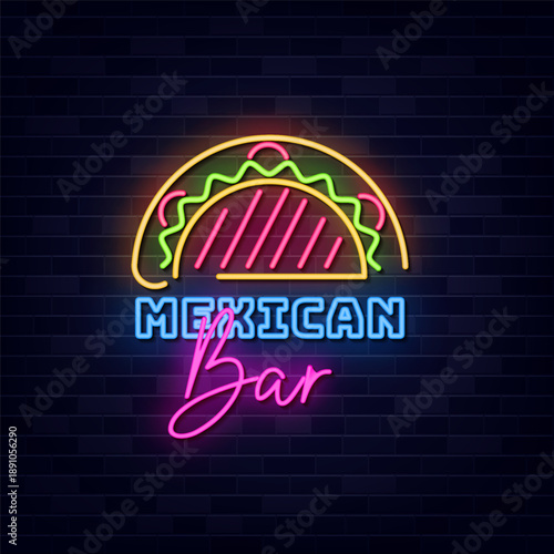 Mexican Bar Vector, Neon Sign Symbol, Light banner, Light art.