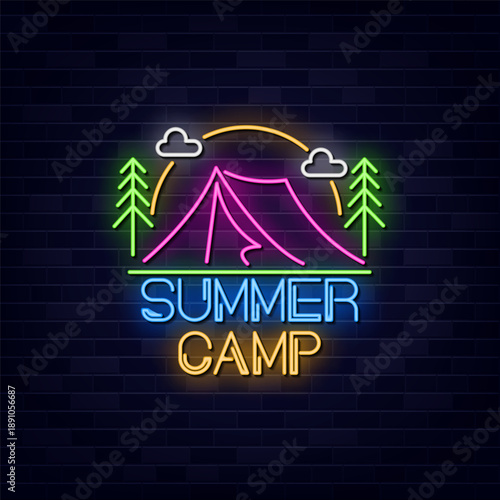 Summer Camp Vector, Neon Sign Symbol, Light banner, Light art.