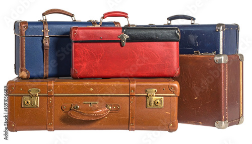 Stacked, vintage suitcases of various colors and sizes, ready for travel