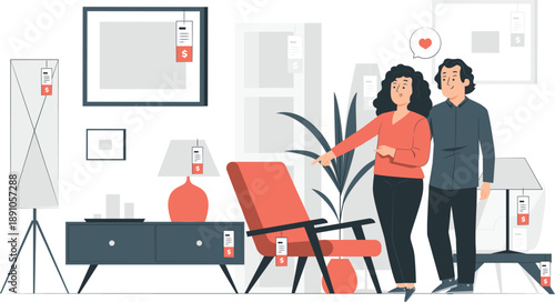 Couple examining furniture in a modern living room with minimalist decor and stylish accents from a slightly elevated viewpoint