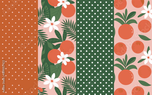 Orange fruits and white flowers on pink background with polka dots
