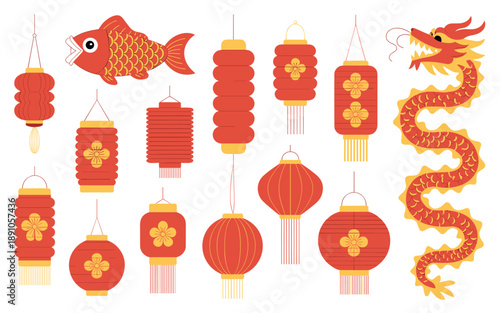 Red and gold Chinese lanterns and animal decorations hanging on strings