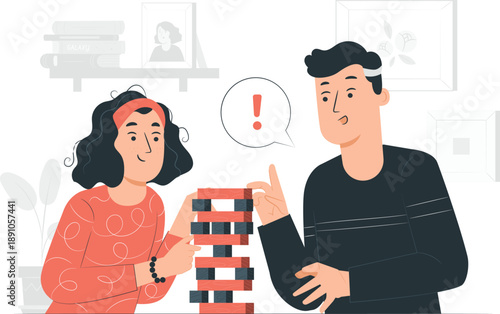 Man and woman engaged in a strategic game of Jenga, focusing intently on the precariously stacked blocks, indoors