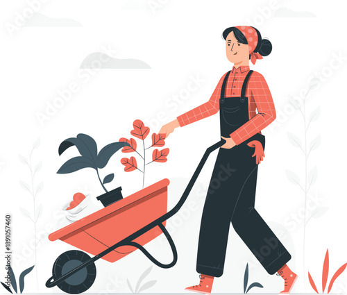 Woman transporting plants in a wheelbarrow through a garden from a side view