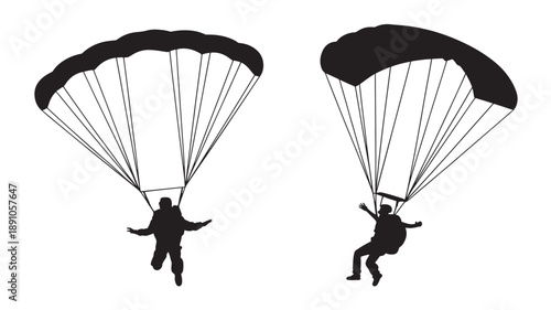 Parachutists in free fall with black silhouettes against white background in dramatic adventurous mood for adventure sports