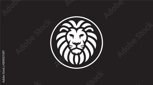 Lion head logo in minimalist style with white and black contrast in circular frame for branding