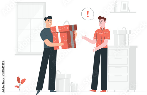 Two men exchanging a large red package in a minimalist office environment from a straightforward viewpoint