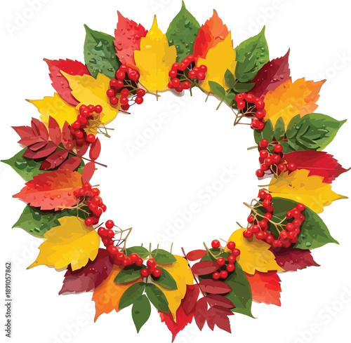 Colorful wet autumn leaves and bright red rowan berries form a circular wreath design around a clean white copy space background