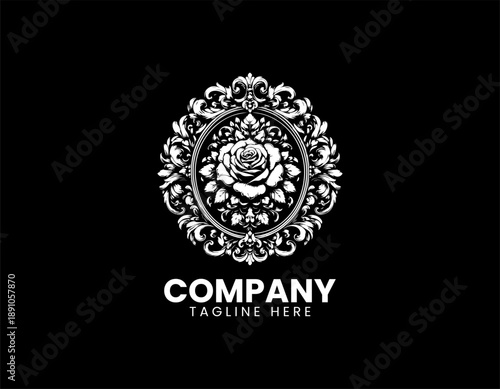Black vector line art illustration of a beautiful elegant detailed rose flower in an ornate baroque frame