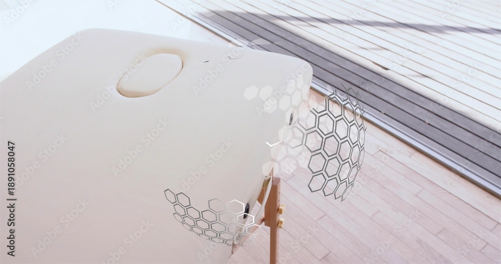 Obraz premium Displaying white oval pod mounted on wooden tripod in modern interior, showing hexagonal panels