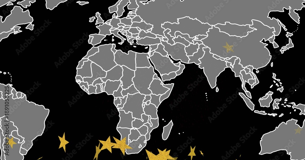 Fototapeta premium Displaying world map centered on black ocean, showing gray lands, white borders, gold stars