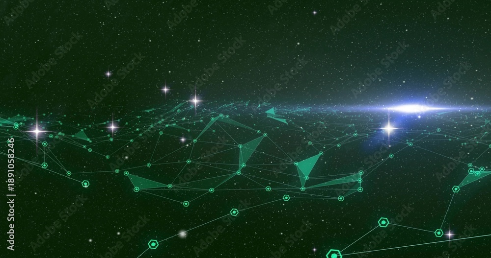 Fototapeta premium Depicting teal mesh spanning across space horizon, showing hex markers, lines, facets, stars, flare