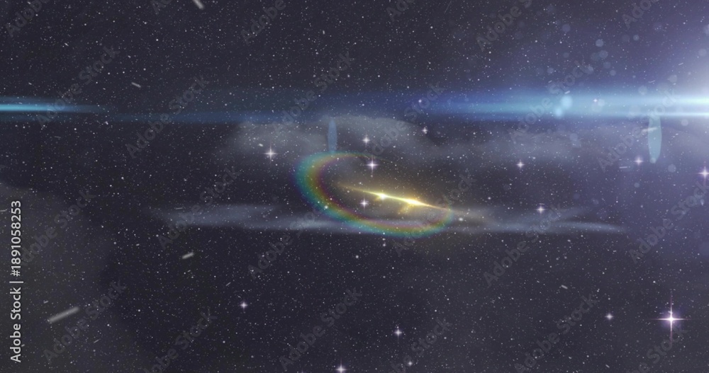 Fototapeta premium Glowing yellow-white core emitting rainbow arc across deep space, with lens flare and star streaks