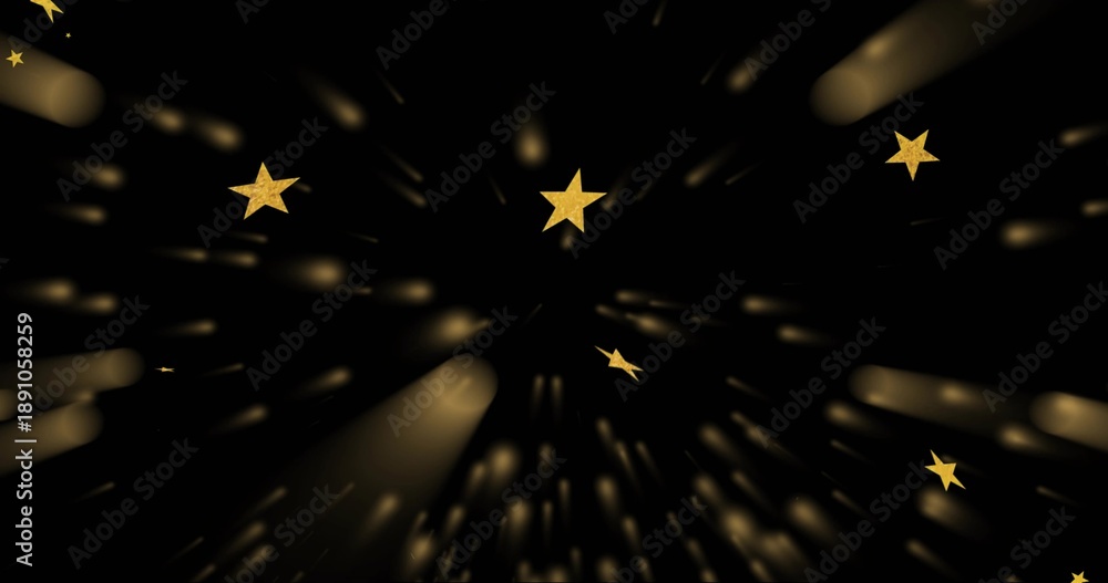 Fototapeta premium Glittering gold 5-pointed stars radiating long golden streaks on studio void, glinting
