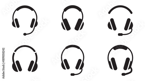 Headset icons in minimalist style with black color on white background for customer service