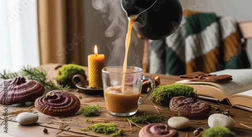 Steaming hot functional mushroom coffee made with reishi elixir is carefully poured into a clear mug beside a lit candle and natural elements.