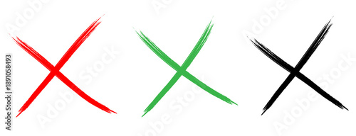Fotografija Set of Grunge Brush Stroke X Marks in Red Green and Black Colors isolated transp