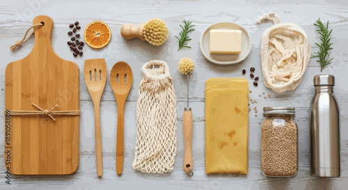 Assortment of natural zero waste kitchen supplies including wooden utensils cutting board reusable bags and stainless steel bottle