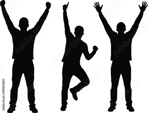 triumphant black silhouettes with raised arms and dynamic celebratory poses on white background, energetic victory, celebration, and expressive body language