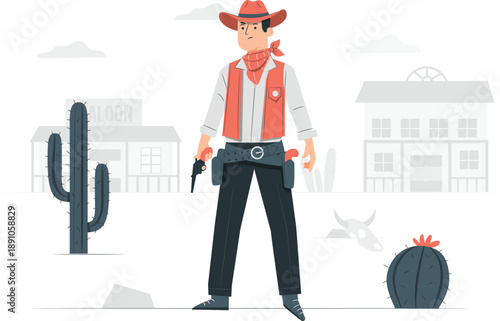 Cowboy standing confidently with guns in a desert town scene illustration