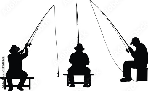 fishermen silhouettes sitting and fishing on benches with rods showing casting, reeling, and catch moments, peaceful outdoor leisure scene