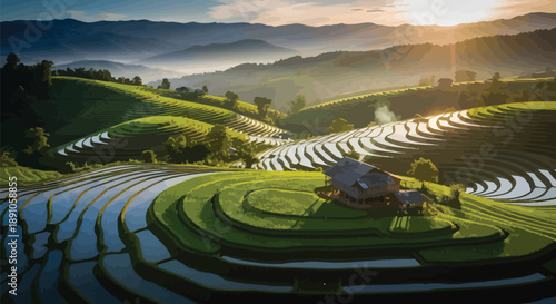Stunning golden hour illuminates vast, vibrant green rice terraces carved into rolling mountainsides with a small traditional hut nestled among the curves