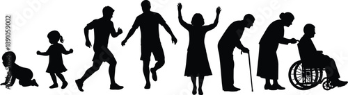 Silhouette life stages from infancy to old age showing human development, mobility changes, caregiving, and aging progression in linear sequence