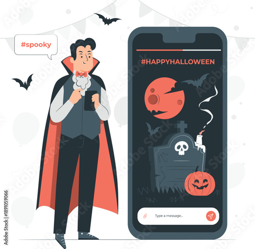 Vampire standing next to a mobile phone displaying Halloween graphics on a spooky night