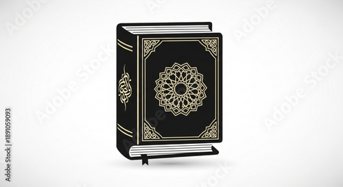 Black leather bound book with gold floral design on cover standing on easel