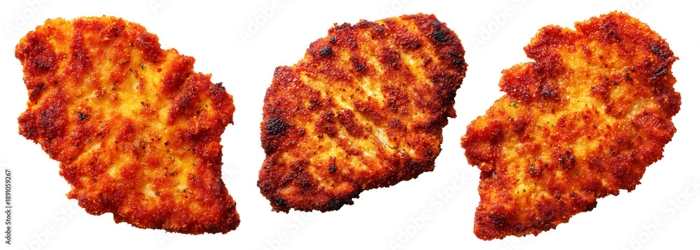 Obraz premium Milanesa breaded beef chicken schnitzel or cutlet with parsley garnish, isolated on white background, South American Cuisine