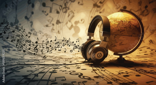 Iconic silver over ear headphones resting upon an antique terrestrial globe surrounded by flowing musical notes signifying global sound and audio experience.