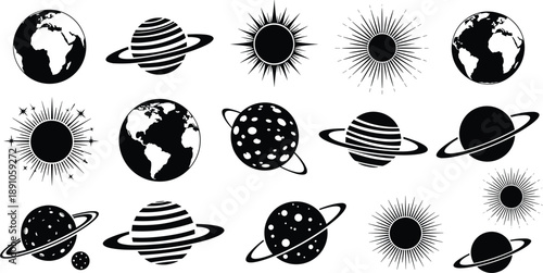 Black and white vector icon set of solar system planets including Earth, Saturn with rings, and various sun starburst symbols for space exploration designs.