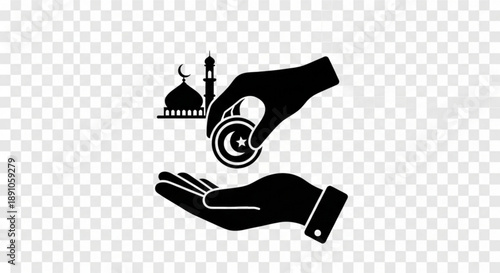 Hands holding crescent moon and mosque silhouette symbolizing faith and spirituality in a transparent background