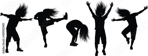 Energetic long-haired silhouettes jumping, dancing, and moving in expressive poses on white background, youthful motion, freedom, celebration vector set