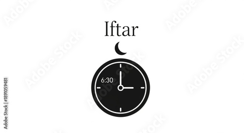 Ramadan iftar time clock icon with crescent moon symbolizing fasting breaking at 6 30