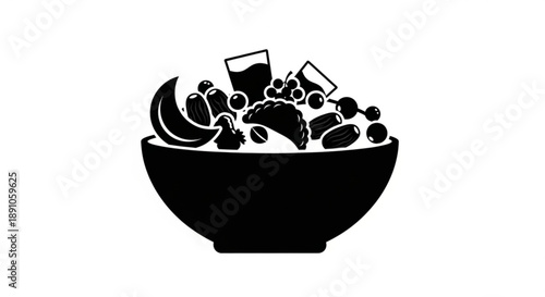 Black bowl filled with assorted breakfast cereals and fruits on white background