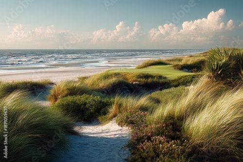 Kiawah Island Golf Course Beach offers stunning views of ocean waves and lush landscape in golden hour light surrounded by natural dunes and grasses
