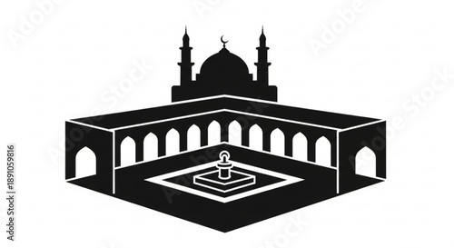 Black and white illustration of a mosque with a courtyard and fountain islamic architecture