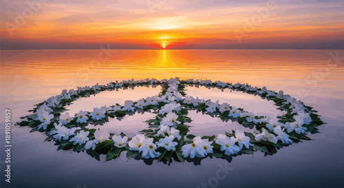 Beautiful white flowers arranged in a symbolic peace sign floating peacefully on still water during a vibrant orange sunset