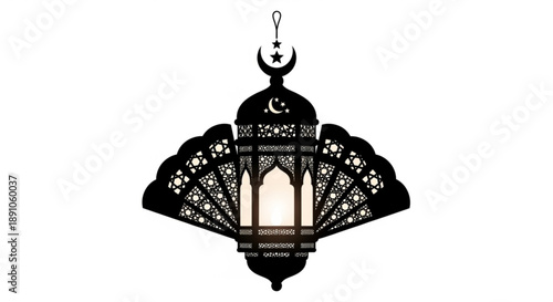 Elegant islamic lantern with crescent moon and star glowing softly against a white background symbolizing ramadan or eid celebrations