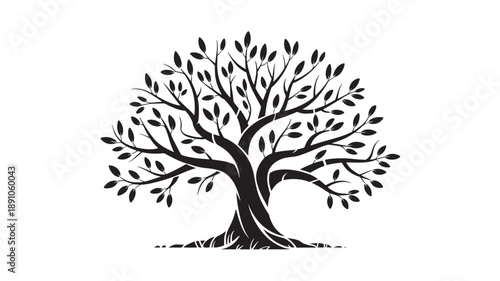 Tree silhouette in minimalist style with black and white contrast on plain background for logo design